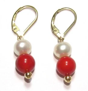 Echte weiße Perle rote Koralle Ohrstecker 14K Gelbgold oder 925 Silber - Bild 1 von 2