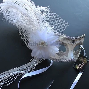 White Venetian Masquerade Mask w/Ostrich Feathers Party Prom Mardi Gras Costume - Picture 1 of 1
