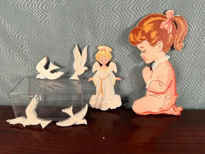 Vintage Bedroom Nursery Wall Decor Praying Girl and Guardian Angel & Doves - Image 1 of 4