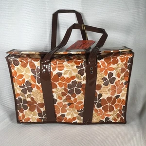 Vintage Vinyl Flat Top Carrying Tote Bag Brown Floral Mod MCM Snap Closure New - Picture 1 of 10