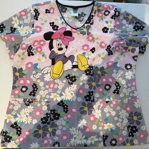 Women's Disney Minnie Mouse X-Large Scrub Top Shirt V Neck Multicolor Floral XL - Picture 1 of 12