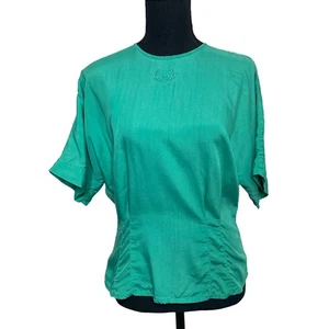 Michelle Stuart Vintage Fitted Blouse Short Sleeve Emerald Green Button Up Back - Picture 1 of 13