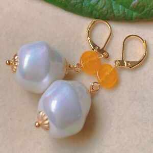 Natural baroque white Pearl yellow Tourmaline gold earrings Mother's Day