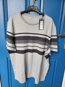 New M&S Men Grey Mix Pure Cotton Stripe Knitted T-Shirt Size Xlarge - Picture 1 of 6