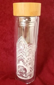 Glass Tea Infuser Bottle/Double Wall Portable Infuser w/wood lid-mosaic design - Picture 1 of 10