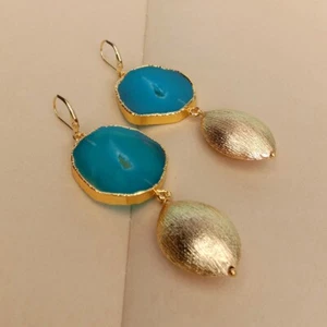 Blue Agate Geode Gold Plated Brushed Bead Dangle Earrings Stones Elegant Jewelry - Picture 1 of 6
