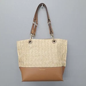 Calvin Klein Sonoma Straw Beige & Light Brown Woven Magnetic Tote Bag Purse - Picture 1 of 12
