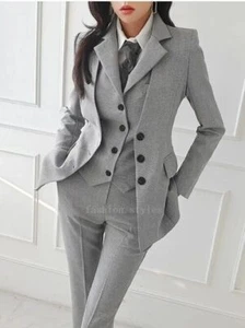 Women Office Suit Work OL Pantsuits Formal Blazer Jacket Vest Trousers 3PCS Set - Picture 1 of 25