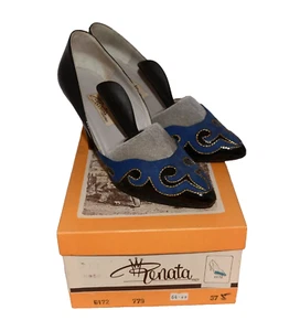 RENATA Blue Suede + Black Patent Leather Heels Ladies UK4 EU37 Boxed - Picture 1 of 11