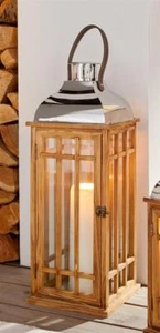 Holz Laterne Kerzenhalter 60 cm hoch Retro Windlicht Metalldach Kerzenständer - Bild 1 von 5