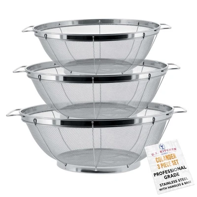 U.S. Kitchen 3pc Colander Set, Stainless Steel Mesh Strainer Net Baskets 3 4 5qt - Image 1 of 4