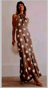 Mint Velvet 16 Maxi Dress Polka Dot Halter Neck Occasion Mocca Rrp £139 - Picture 1 of 23