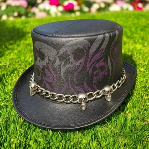 Men Gothic Leather Top Hat Skul Chain Steampunk Biker Halloween Cosplay Accesory - Picture 1 of 3