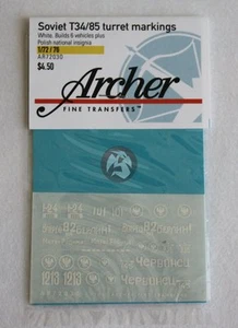 Marcas de torreta soviéticas Archer 1/72-76 T-34/85 Segunda Guerra Mundial (Hoja #1) AR72030 - Imagen 1 de 1