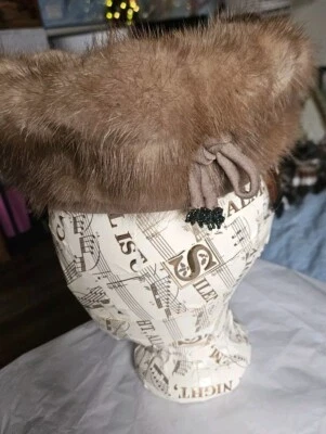 Vintage 50s Mink Fur Light Brown Women's Hat W Beaded Tassel  - Image 1 of 4