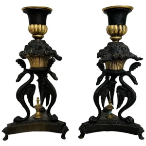 Antique 19th C Pair French Empire Bronze Black Candlesticks Candle Holders - Picture 1 of 10