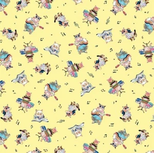 Feline Drive Fabric MUSICAL CATS Yellow Guitar Drums Music Sold by the Yard - Picture 1 of 7