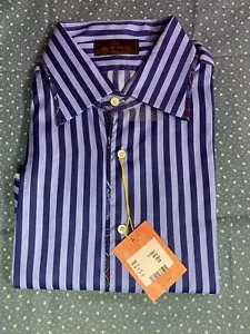 ETRO Dark Blue Light Blue Paisley Trim Striped Dress Shirt - Sz. 42 - NWT - Picture 1 of 4