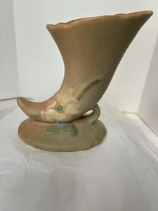 Vintage Weller Pottery Wild Rose Cornucopia Horn Vase 6" Circa 1930's Chip - Picture 1 of 7
