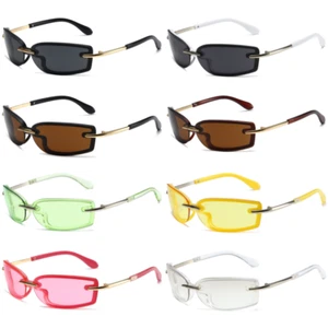Y2K Rimless Oval Sunglasses Men Women Wrap Around Tinted Lens Shades Sun Glasses - Picture 1 of 16