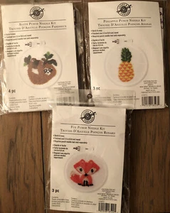 LOT of 3 Punch Needle Kits With Hoop 3 1/2” Sloth, Pineapple, And Fox New - Picture 1 of 4