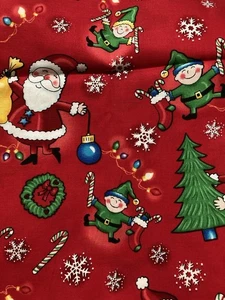 Cotton Fabric Santa Elves Gifts Candy Canes Snowflakes on Red 28" x 44" Width - Picture 1 of 3