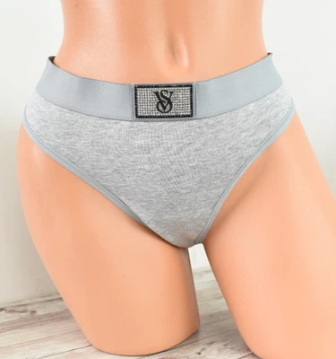 Victoria's Secret LARGE *COTTON* LOGO SHINE PATCH THONG *Medium Heather Grey* - Image 1 of 4
