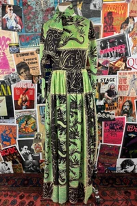Vtg 60s Green Asian Dragon Novelty Print Hostess Maxi Dress Scarf 2XS Retro - Picture 1 of 21