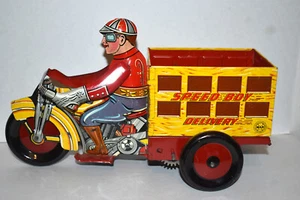 Vintage Windup Marx Pressed Steel Speed Boy Cycle Delivery Motorcycle Toy - Picture 1 of 8