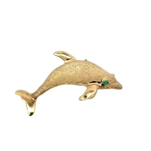 Vintage Emerald 14K Gold Dolphin Pin - Picture 1 of 9