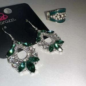 Jewelry Set Paparazzi Earrings Adjustable Ring Retro Silver Green Glamor Flapper - Picture 1 of 12