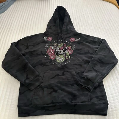 Affliction Black Label Toxic Earth Hooded Sweater L Large Camo Rhinestone Skull - Image 1 of 4