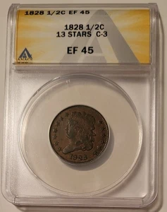 1828 Classic Head 1/2 Cent 13 Stars C-3 XF45 ANACS - Picture 1 of 4