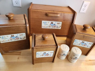 Set of 6 Pcs Vtg International China Heartland Wooden Bread Box Canisters S & P - Image 1 of 4