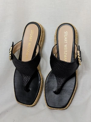 Sandalias Tejidas Stuart Weitzman Talla 9.5 NEGRO MARRÓN Curve Tanga Mimbre Para Mujer Foto 1 de 4