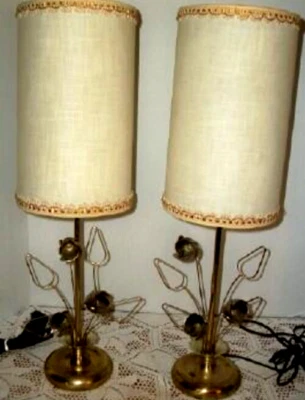1960s Retro Boudoir Lamps Brass Tulips Tube Shades S & H Greenstamp Store HWR - Image 1 of 4