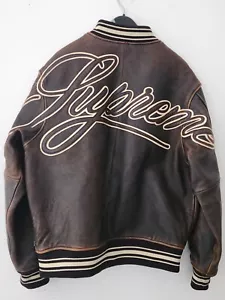 SS19 Supreme Leder Varsity Jacke L Schwarz Lammleder Brauner Mantel Satin Futter - Bild 1 von 18