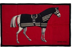 Auth. Hermes Beach Towel Robacar a Cheval Black Red - Cotton New Tag - Picture 1 of 5