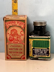 Vintage Kwong Yuen Kee Ki Co. Stationers Writing Ink Bottle & Box Hong Kong - Picture 1 of 5