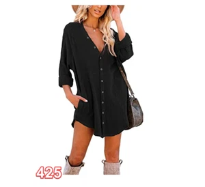 iGENJU Women Long Sleeve Beach Cover-ups Button Down Oversized Tunic Dress Shirt - Picture 1 of 6
