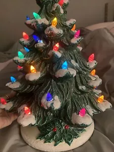 Ceramic Holly Christmas Tree Lighted Base- Vintage. 17”x12” Tree. Xtra Bulbs! - Picture 1 of 12