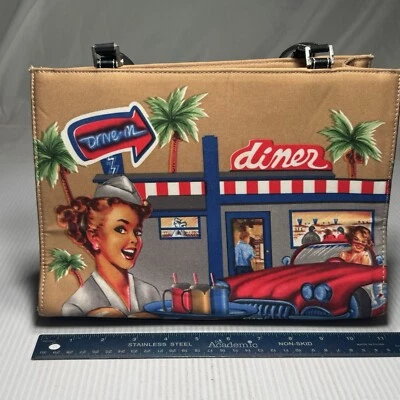 复古 2000 年代 y2k 印花红色单肩包 带串珠 I love lucy vibe Diner — 第 1/4 张图片