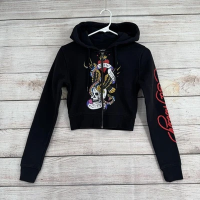 Ed Hardy Águila Calavera Serpiente Ciudad de Nueva York Sudadera con Capucha Corta Juniors Pequeña Negra Foto 1 de 4