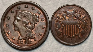 XF 1848 Braided Hair Large Cent & XF 1864 Two Cent Piece, Obsolete Denominations - Picture 1 of 2