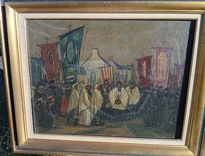 OUESSANT 1948 Procession Île Bretagne Tableau Huile 42x55 Signé Marius CHAMBAZ - Photo 1/4