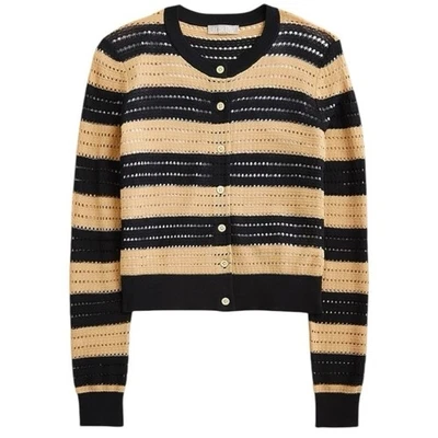 J. Crew Pointelle Stitch Cardigan In Stripe Black Tan Size Large - Image 1 of 4
