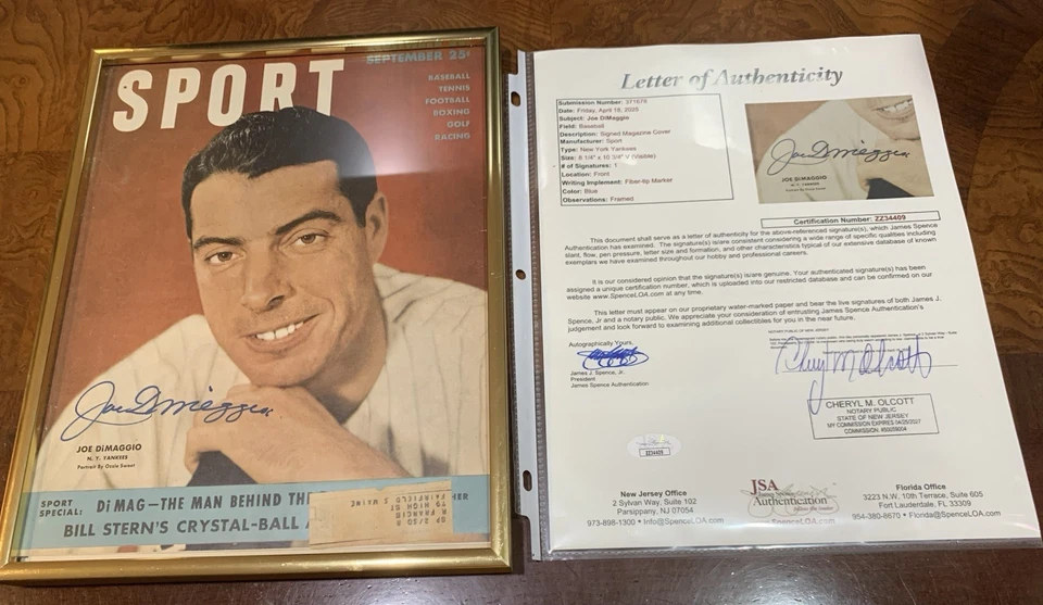 1949 Sport Magazine Joe DiMaggio Signed Auto Framed Magazine Cover JSA - Image 1 of 1