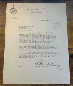 Vintage 1934 Union County Treasurer's Office 1934 Taxes Slip Up Springfield NJ - Picture 1 of 4