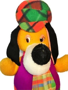 Vintage Huckleberry Hound Dog JUMBO Hippie Stuffed Animal Plaid Purple Orange - Picture 1 of 9