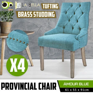 4X Dining Chair French Provincial Brass Studded Fabric Oak Legs Cafe AMOUR - BU - Picture 1 of 12
